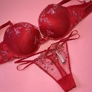 Victoria's Secret 34B BRA SET S thong Strappy RED Pink Foil Floral Embroidered